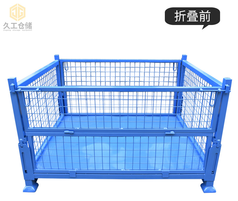 金屬周轉箱噴塑天藍色鐵皮箱，金屬箱展示圖，折疊存放便捷儲存，南京周轉箱廠家-久工倉儲設備